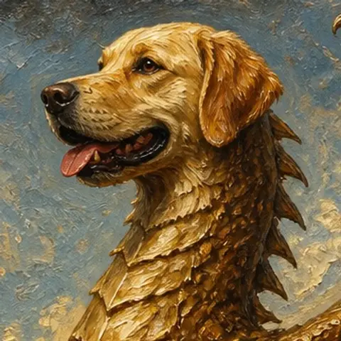 Close-up of John's golden retriever face, tongue out, painted in oil