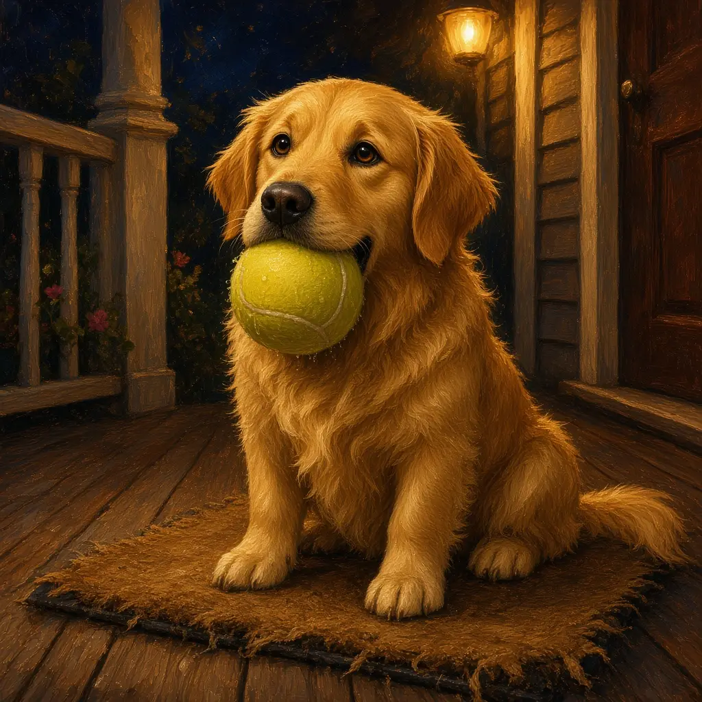 Porch John, a golden retriever waiting on a porch with a tennis ball