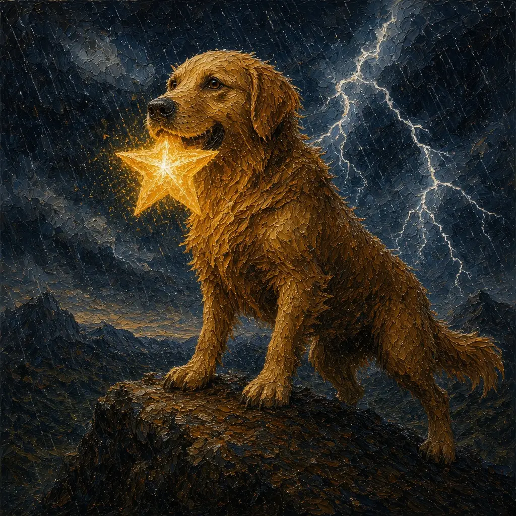 Star Chase — John climbing a stormy ridge with light in his mouth